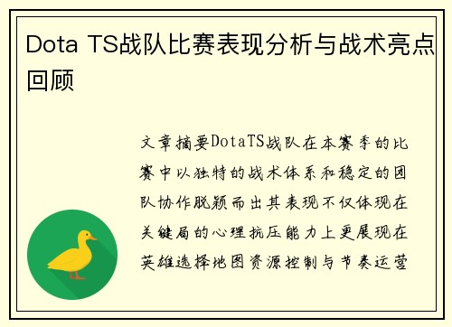 Dota TS战队比赛表现分析与战术亮点回顾