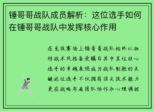 锤哥哥战队成员解析：这位选手如何在锤哥哥战队中发挥核心作用