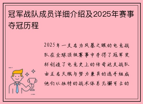 冠军战队成员详细介绍及2025年赛事夺冠历程