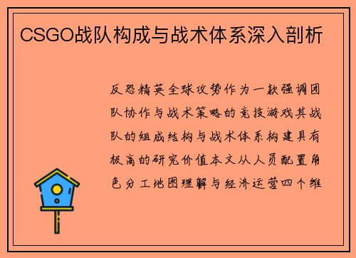 CSGO战队构成与战术体系深入剖析