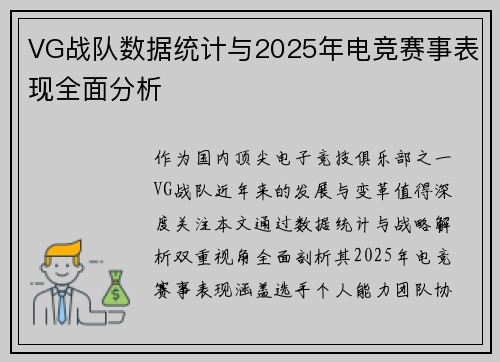 VG战队数据统计与2025年电竞赛事表现全面分析