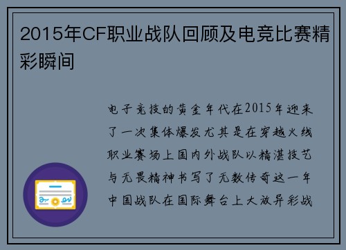 2015年CF职业战队回顾及电竞比赛精彩瞬间